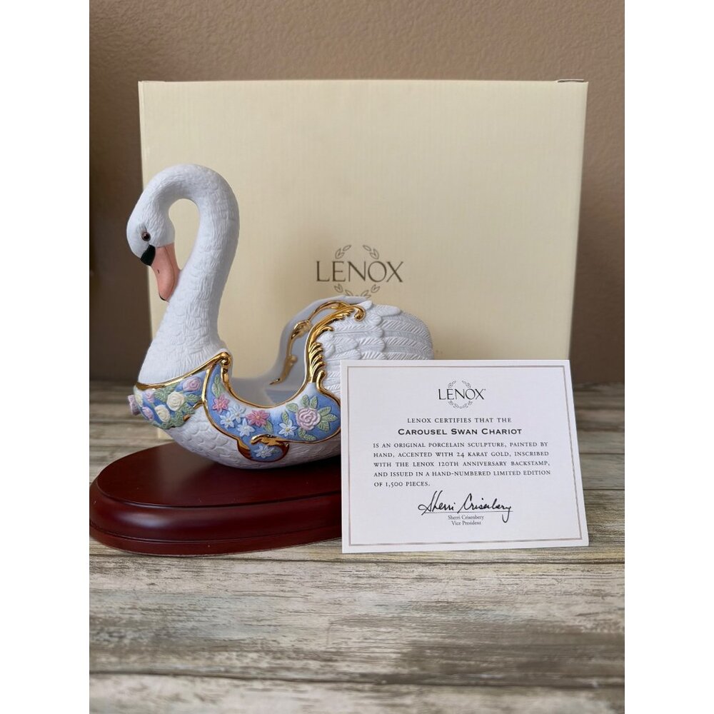 Lenox Carousel Swan Chariot with Wood Base 2009 Ltd Ed 120th Anniversary NIB